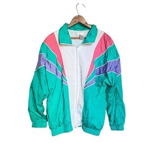 Vintage retro windbreaker size medium aqua pink and white